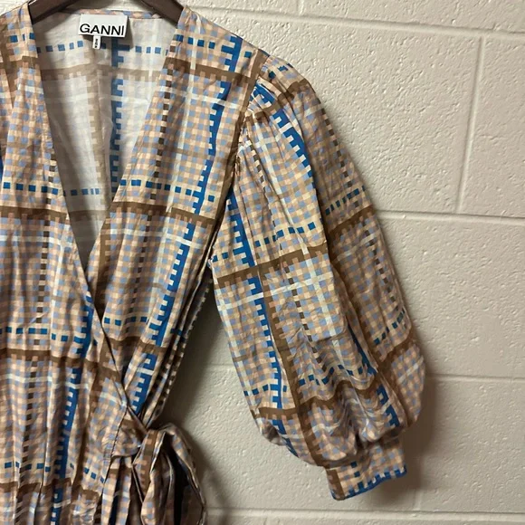 GANNI Checked Cotton-poplin Wrap Midi Dress Size 38 Medium 6 - Picture 5 of 13